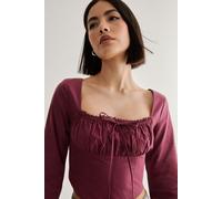 Cotton Lace Trim Lace Up Back Long Sleeve Corset Top NastyGal Wine 10