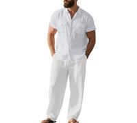 Cotton Linen 2 Piece Set Men, Men 2 Piece Set, Longsleeve Buttondown Shirt with Loose Fit Wide Leg Pants Lightweight Beach Suit Holiday Beach Daily Wear