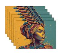 Cotton Linen African Woman Placemats, Heat-Resistant Durable Portrait Place Mat for Kitchen Table Decoration Indoor Outdoor, Washable Orange Table Mats Set of 6, 45x30cm