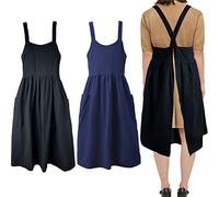Cotton Linen Apron Cross Back Work Apron for Women with Pockets Pinafore Dress X Cross Halter Apron for Baking Chef Gardening, 2 Pack-black+navy, One Size