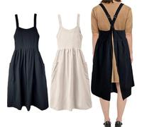 Cotton Linen Apron Cross Back Work Apron for Women with Pockets Pinafore Dress X Cross Halter Apron for Baking Chef Gardening, 2 Pack-black+beige, One Size