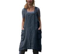 Cotton Linen Apron for women Cross Back Apron Pinafore Dress for Baking Cooking Gardening Work, Dark Grey, Large