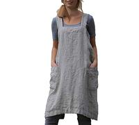 Cotton Linen Apron for women Cross Back Apron Pinafore Dress for Baking Cooking Gardening Work - grey - Large
