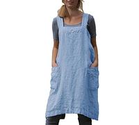 Cotton Linen Apron for women Cross Back Apron Pinafore Dress for Baking Cooking Gardening Work, Light Blue, Medium