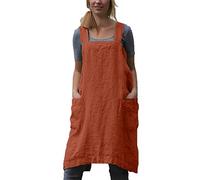 Cotton Linen Apron for women Cross Back Apron Pinafore Dress for Baking Cooking Gardening Work, Orange, Large