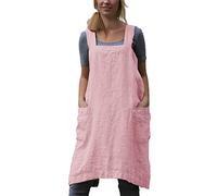 Cotton Linen Apron for women Cross Back Apron Pinafore Dress for Baking Cooking Gardening Work, Pink, Large