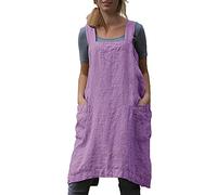 Cotton Linen Apron for women Cross Back Apron Pinafore Dress for Baking Cooking Gardening Work, Purple, XXXL