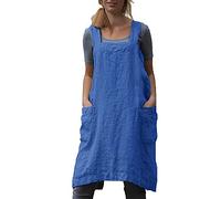 Cotton Linen Apron for women Cross Back Apron Pinafore Dress for Baking Cooking Gardening Work, Royal Blue, Large