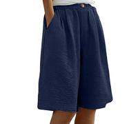 Cotton Linen Bermuda Shorts For Women Summer Knee Length Casual Shorts Elasticated Waist Baggy Wide Leg Beach Bottoms Ladies Lightweight Plain Half Pants Cool Short Trousers With Pockets For Travel