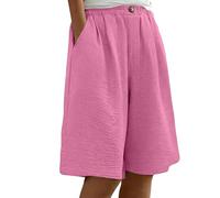 Cotton Linen Bermuda Shorts For Women Summer Knee Length Casual Shorts Elasticated Waist Baggy Wide Leg Beach Bottoms Ladies Lightweight Plain Half Pants Cool Short Trousers With Pockets For Travel