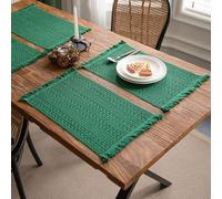 Cotton Linen Blend Placemats Set of 4 Rectangular Boho Rustic Farmhouse Dining Kitchen Fabric Table Mats for Housewarming Gift Wedding Christmas Thanksgiving Birthday Dinner Table Décor (Green)
