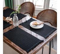 Cotton Linen Blend Placemats Set of 4 Rectangular Boho Rustic Farmhouse Dining Kitchen Fabric Table Mats for Housewarming Gift Wedding Christmas Thanksgiving Birthday Dinner Table Décor (Black)