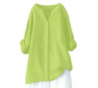Cotton Linen Blouses for Women UK Long Sleeve Spring Summer Shirt V Neck Button Down Plus Size Casual Tops Fashion Relaxed Solid Color Office Shirts S-5XL
