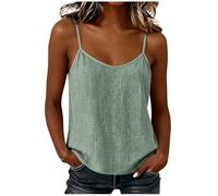 Cotton Linen Camisole Tops for Women UK Thin Strap V Neck Striped Vest Top Adjustable Spaghetti Strap Cami Scoop Neck Sleeveless Blouse Lightweight Straight Hem Pullover Casual Summer T-Shirts Green