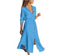 Cotton Linen Casual Dresses Women UK Long Sleeve Button Up V Neck Shirt Dress Plain Cotton Linen Dresses Loose Short Shift Dress Womens Tunic Pockets Plus Size 8 10 12 14 14 16 18 20 22 Sale Beach