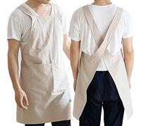 Cotton Linen Cross Back Apron with Pockets for Men Japanese Korean Style Smock for Kitchen Cooking Baking Gardening Painting,Khaki