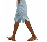 Cotton Linen Drawstring Pants for Women UK Striped Side Split Fashion Knee Length Shorts with Side Pocket Holiday Beach Comfortable Trousers (A-Mint Green, XL)