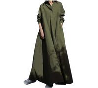 Cotton Linen Dress Maxi Kaftan Dresses for Women UK Elegant Long Sleeve Button V Neck Dress Casual Summer Shirt Dresses Baggy Boho Sundress Plain Basic Tunic Dress Office Work Plus Size 22 Army Green