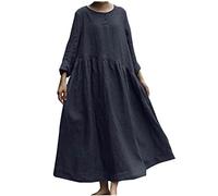 Cotton Linen Dress Maxi Kaftan Dresses for Women UK Plus Size Long Sleeve Baggy Dress Casual Summer Shirt Dresses Boho Beach Party Sundress Plain Basic Tunic Dress Office Work Black