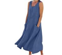 Cotton Linen Dress Maxi Kaftan Dresses for Women UK Plus Size Sleeveless Long Sundress Baggy Casual Summer Shirt Dresses Boho Beach Party Sundress Plain Basic Office Work Tunic Dress with Pockets 8-22