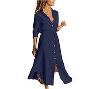 Cotton Linen Dresses for Women Casual Long Sleeve Button Dress Ladies Summer Dresses Vintage Solid Shirt Dress Midi Flowy Beach Dress Elegant Office Work Dress with Pocket Plus Size 8-22 Navy