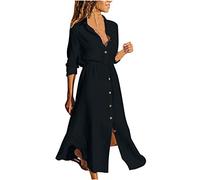 Cotton Linen Dresses for Women Casual Long Sleeve Button Dress Ladies Summer Dresses Vintage Solid Shirt Dress Midi Flowy Beach Dress Elegant Office Work Dress with Pocket Plus Size 8-22 Black