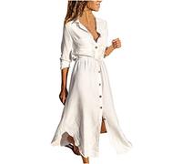 Cotton Linen Dresses for Women Casual Long Sleeve Button Dress Ladies Summer Dresses Vintage Solid Shirt Dress Midi Flowy Beach Dress Elegant Office Work Dress with Pocket Plus Size 8-22 White