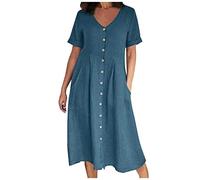 Cotton Linen Dresses for Women Short Sleeve Shirt Dress Summer Midi Dress Solid Color V Neck Long Dress Ladies Beach Loose Holiday Party Casual Dresses with Pocket UK Plus Size 8-22 Sky Blue