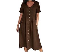 Cotton Linen Dresses for Women Short Sleeve Shirt Dress Summer Midi Dress Solid Color V Neck Long Dress Ladies Beach Loose Holiday Party Casual Dresses with Pocket UK Plus Size 8-22 Coffee