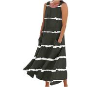 Cotton Linen Dresses for Women Summer Midi Dress Sleeveless Round Neck Cotton and Linen Printed Long Dress Ladies Boho Beach Dress Loose Casual Dresses Oversized Pockets Sundress Vacation Dress