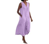 Cotton Linen Dresses for Women UK Button Down V-Neck Sleeveless Dress Casual Summer Loose Baggy Long Dress Solid Color Plus Size Flowy Beach Holiday Sundress Indian Vintage Tank Dresses Purple