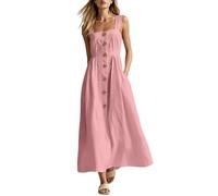 Cotton Linen Dresses for Women UK Casual Solid Colour Square Neck Button Cami Dress with Pockets Ladies Summer Beach Vacation Sundress Womens Flowy Loose Lounge Dress