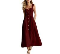 Cotton Linen Dresses for Women UK Casual Solid Colour Square Neck Button Cami Dress with Pockets Ladies Summer Beach Vacation Sundress Womens Flowy Loose Lounge Dress