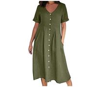 Cotton Linen Dresses for Women UK Casual V Neck Button Down Shirt Dress Plain Short Sleeve A-Line Tunic Dress Loose Soft Summer Linen Midi Dresses with Pockets Homewear