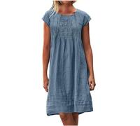 Cotton Linen Dresses for Women UK Clearance T Shirts Summer Midi Dress Short Sleeve Round Neck Knee Length Dress Ladies Beach Loose Solid Color Casual Dresses Plus Size S-5XL