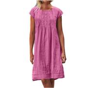 Cotton Linen Dresses for Women UK Clearance T Shirts Summer Midi Dress Short Sleeve Round Neck Knee Length Dress Ladies Beach Loose Solid Color Casual Dresses Plus Size S-5XL