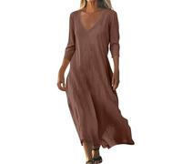 Cotton Linen Dresses for Women UK Dress Long Maxi Elegant Flowy Solid Color 3/4 Sleeve V Neck Italian (Brown, L)