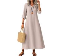 Cotton Linen Dresses for Women UK Dress Plus Size Classic Flowy Solid Color Long Sleeve V Neck Maxi with Hemline Ladies Midi Summer (Light Pink, XL)