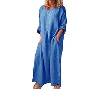 Cotton Linen Dresses for Women UK Half Sleeve A-line Kaftan Elegant Party Casual Maxi Dress Solid Color Summer Tunic Dress Loose Pleated Long Dresses Holiday Beach Sundress Clearance Blue