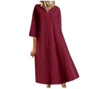 Cotton Linen Dresses for Women UK Half Sleeve Maxi Dresses Summer Casual Tunic Dresses V Neck Half Button Solid Elegant Party Dress Loose Tunic Shift Dress Going Out Holiday Long Dress Wine
