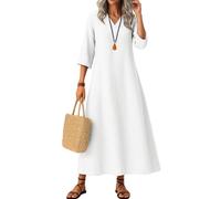 Cotton Linen Dresses for Women UK Made in Italy Classic Flowy Solid Color Long Sleeve V Neck Maxi Dress with Hemline Sleeveless Summer