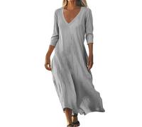 Cotton Linen Dresses for Women UK Maxi Dress with Sleeves White Summer Elegant Flowy Solid Color 3/4 Sleeve V Neck Plus Size (Gray, S)