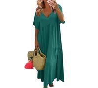 Cotton Linen Dresses for Women UK Maxi Midi Dress Casual Oversized Solid Color V Neck Short Sleeve with Big Hemline Ladies Plus Size (Blue, XL)
