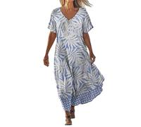 Cotton Linen Dresses for Women UK Midi Dresses A-Line Dress Deep V Neck Sundresses Short Sleeve Sundresses Flower Printed Sundress Ankle Length Sundress Boho Dress Lightweight Summer Beachwear