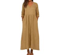 Cotton Linen Dresses for Women UK Plus Size Oversized Flowy Solid Color 3/4 Sleeve V Neck Maxi with Pockets Shift Light Brown
