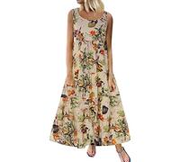 Cotton Linen Dresses for Women UK Print Round-Neck Sleeveless Vest Long Dress Loose Baggy Maxi Tank Dress Plus Size Summer Beach Holiday Sundress Indian Vintage Dresses Flowy Swing Dress