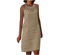 Cotton Linen Dresses for Women UK Sleeveless Midi Dresses Summer Hollow Out Crewneck Tunic Dresses Solid Elegant Party Dress Knee Length Shift Dress Going Out Holiday Dress