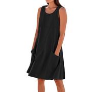 Cotton Linen Dresses for Women UK Sleeveless Midi Sundress Summer Crewneck Tunic Dresses Solid Knee Length Shift Elegant Party Dress Going Out Holiday Dress Flowy A-Line Sundresses with Pockets, S-3XL
