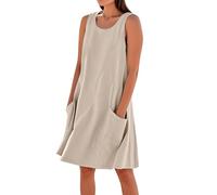 Cotton Linen Dresses for Women UK Sleeveless Midi Sundress Summer Crewneck Tunic Dresses Solid Knee Length Shift Elegant Party Dress Going Out Holiday Dress Flowy A-Line Sundresses with Pockets, S-3XL