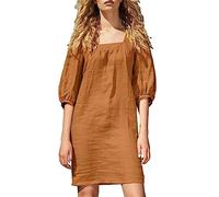 Cotton Linen Dresses for Women UK Summer Beach Midi Dresses Square Neck Half Sleeve Sundress A-line Loose Shift Dress Holiday Vacation Party Dress Casual Solid Color Tunic Dress Brown